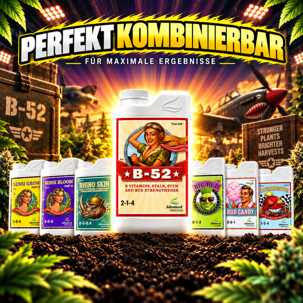 Verschiedene Advanced Nutrients Pflanzendünger Flaschen zur Pflanzenstärkung und Ertragssteigerung.