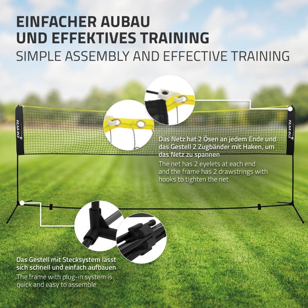 Hauki Badminton Netz, Tennisnetz 400cm, Schwarz, H156cm, Federballnetz Set inkl. 3x Federball, Transporttasche, stabilem Eisen-Gestell, Tragbares Volleyballnetz, Trainingsnetz Indoor & Outdoor, Garten