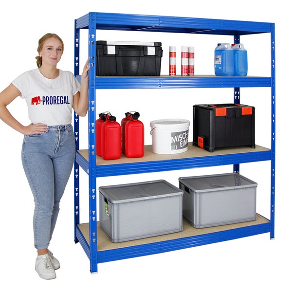 PROREGAL Profi Schwerlastregal Rhino HxBxT 180 x 160 x 60 cm 4 Spanplatten-Ebenen 8mm Fachlast 500 kg Blau