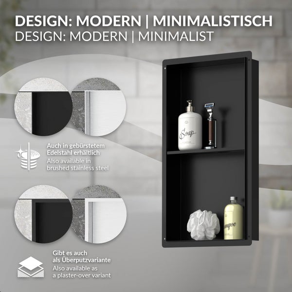 Moderne schwarze Wandnische für das Badezimmer mit zwei Fächern, minimalistisches Design, aus Edelstahl, geeignet für bündigen oder Überputz-Einbau.