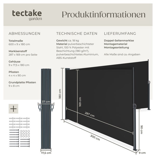 Infografik zur tectake Doppel-Seitenmarkise mit Maßen 600 mal 180 Zentimetern, technischen Daten, Materialdetails und Lieferumfang.