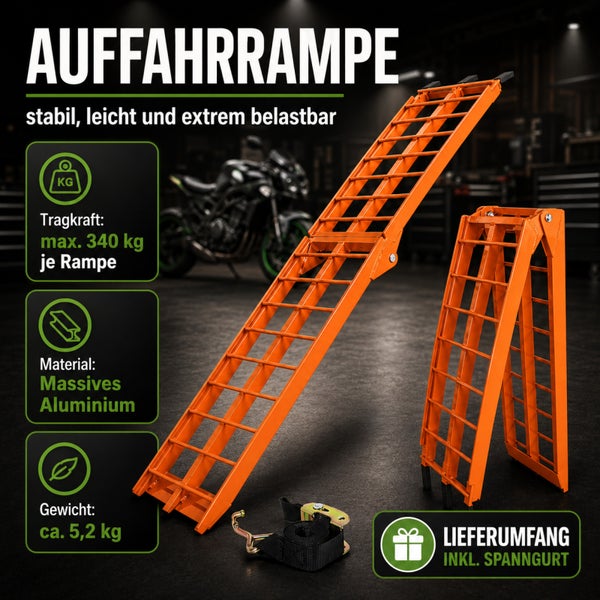 Orangefarbene klappbare Auffahrrampe aus Aluminium, Tragkraft maximal 340 Kilogramm, Gewicht circa 5,2 Kilogramm, inklusive Spanngurt.