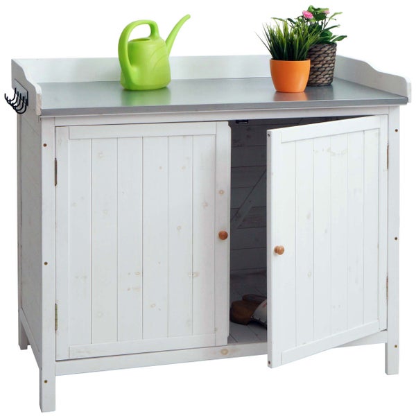 Gartenschrank mit Metallarbeitsplatte, zwei Türen und Hakenleiste