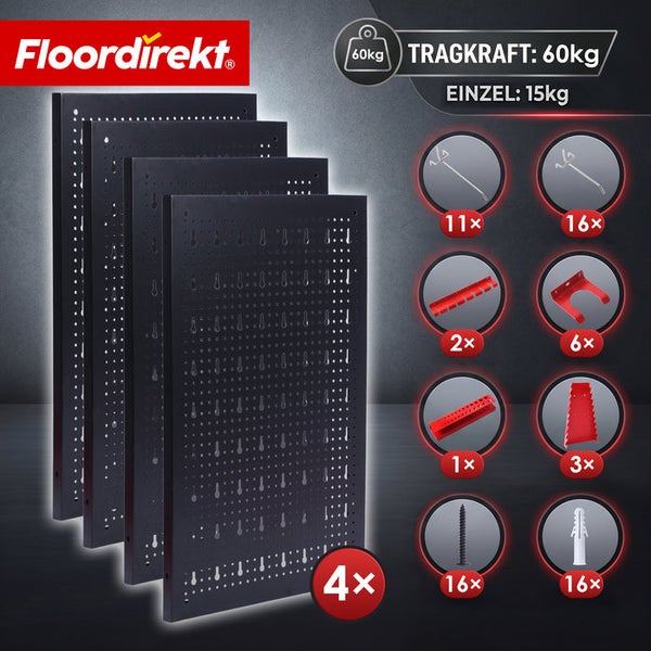 Floordirekt Lochwandsystem aus Metall mit 4 Lochplatten, Haken, Werkzeughaltern und Montagematerial, Tragkraft 60 Kilogramm.