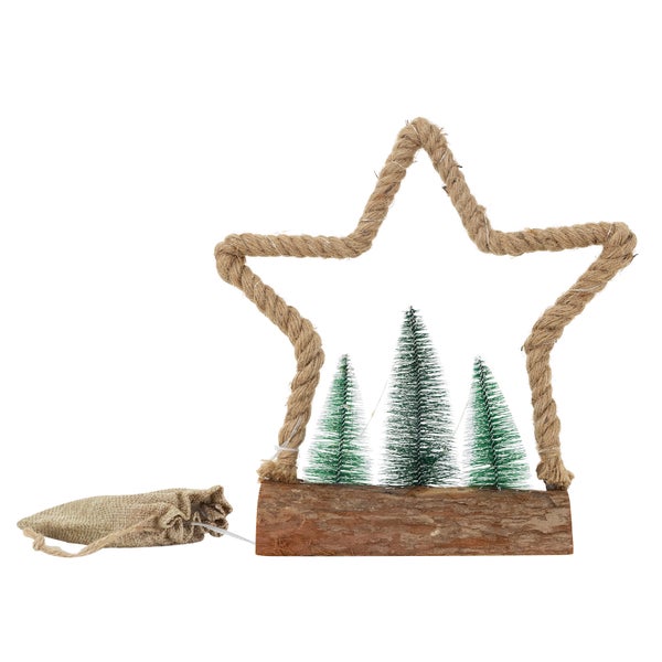 ECD Germany LED Jute Stern mit LED-Beleuchtung 33x9,5x30 cm, Deko Weihnachtsstern aus Seil mit 30 warmweißen LEDs, 3 Tannen, Jutesäckchen, Batterien, Timer, Weihnachtsbeleuchtung Weihnachtsdeko Innen