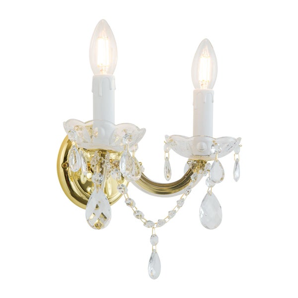 Zweiflammige Wandleuchte im klassischen Stil mit Kristallbehang und goldfarbenem Korpus für eine elegante Wandbeleuchtung.
