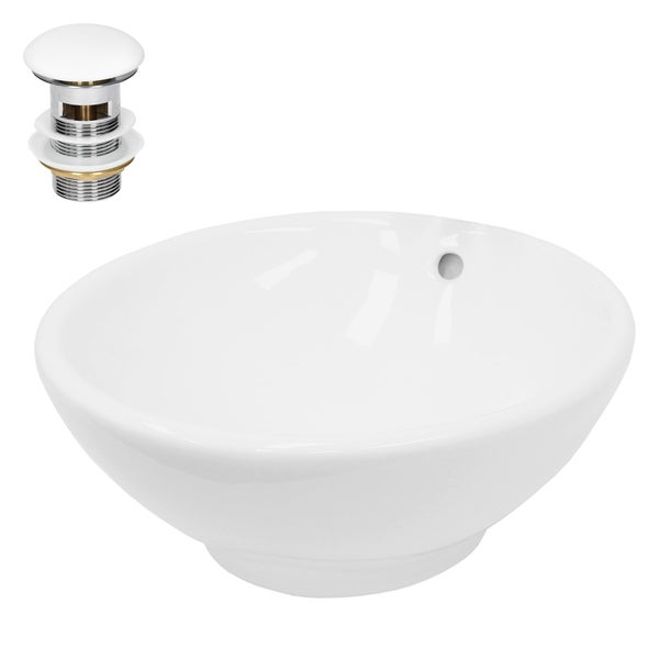 ECD Germany Waschbecken Waschtisch Ø 420x170 mm Rund Keramik Weiß inkl. Ablaufgarnitur für Waschbecken mit Überlauf Aufsatzbecken Aufsatzwaschbecken Aufsatzwaschtisch Waschschale Spülbecken Becken