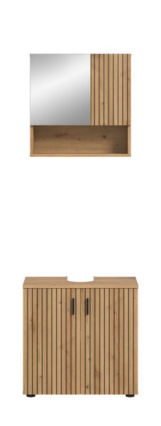 Badezimmer-Möbelset bestehend aus Spiegelschrank mit offenem Fach und Waschbeckenunterschrank in Eichenoptik mit Lamellen-Design.