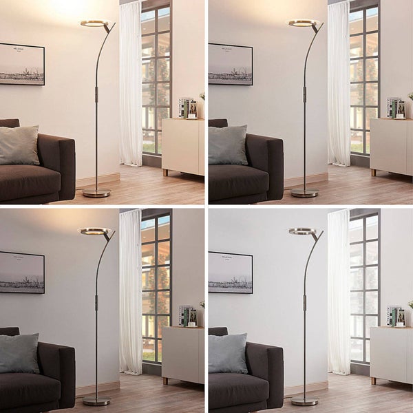 Lindby LED Stehlampe, Deckenfluter dimmbar mit Touchdimmer Standleuchte nickel satiniert 1x 30W warmweiß 3000K Stehleuchte Wohnzimmer