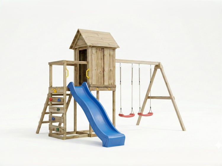Spielturm aus Holz für Kinder mit Spielhaus, blauer Rutsche, Kletterwand und zwei roten Schaukeln.