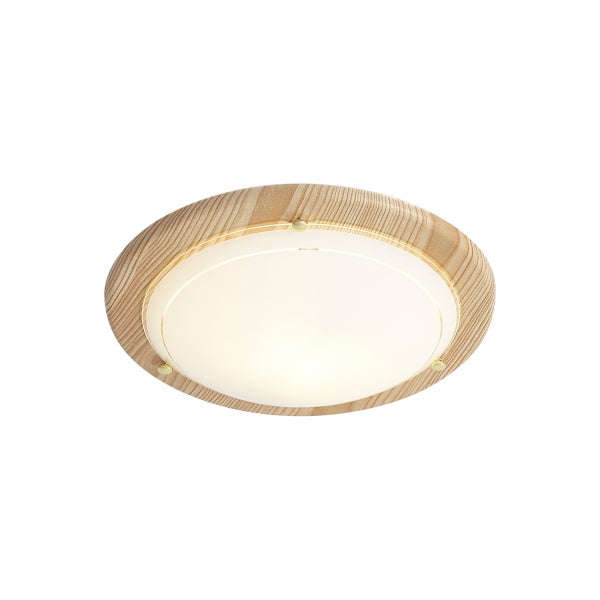 Runde Deckenleuchte mit einem Rahmen aus hellem Holz und einer weißen Glasabdeckung.