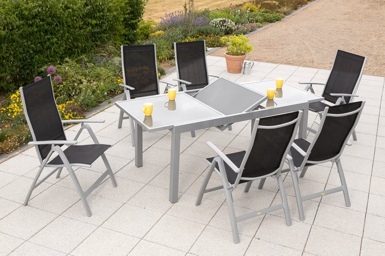Carrara Gartenmöbelset 7tlg., Klappsessel, Ausziehtisch 160 (220) x 90 cm, schwarz