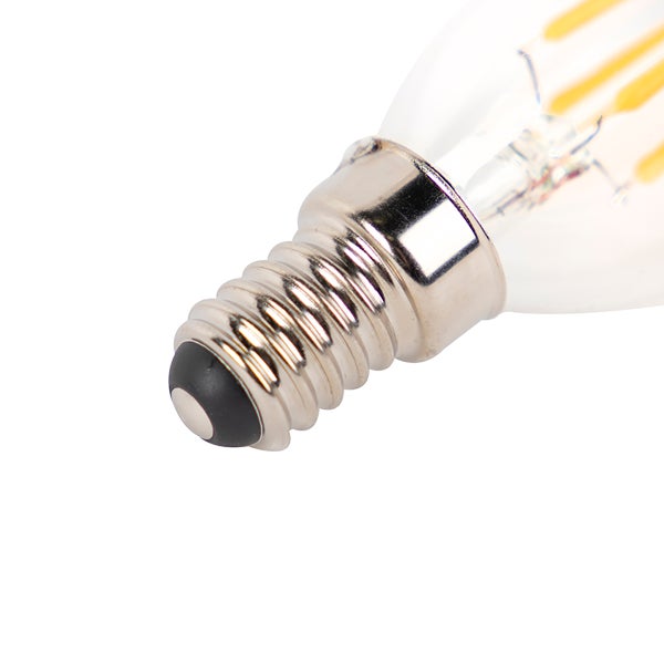 Nahaufnahme eines E14 Schraubsockels einer LED Lampe mit sichtbaren Filamenten.