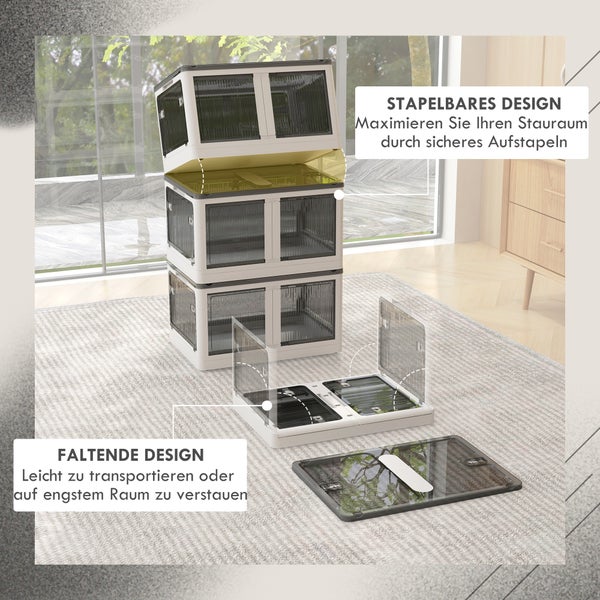 HOMCOM Aufbewahrungsbox, 69L, stapelbar, mit Rollen, faltbar, 5-seitiger Zugang, 60L x 42B x 34H cm, Kunststoff, Weiß