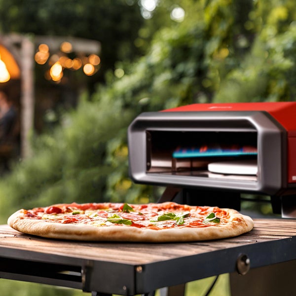 Pizza auf einem Tisch vor einem Pizzaofen im Freien.