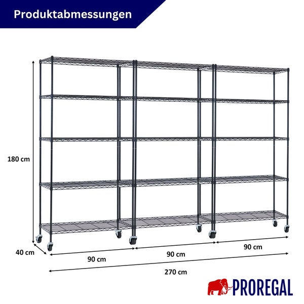 Proregal Drahtregal auf Rollen mit Abmessungen: Gesamtbreite 270 Zentimeter, Höhe 180 Zentimeter und Tiefe 40 Zentimeter.