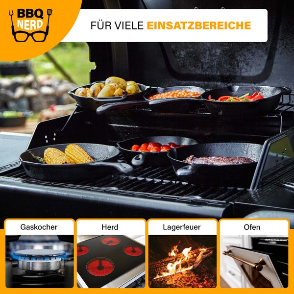 BBQ Nerd Grillpfanne Ø 25 cm 2600g mit Ausgießer und Griff | Gusseisenpfanne zum Grillen, Rösten, Anbraten | Antihaft-Pfanne Feuerpfanne - hitzebeständig & wärmespeichernd