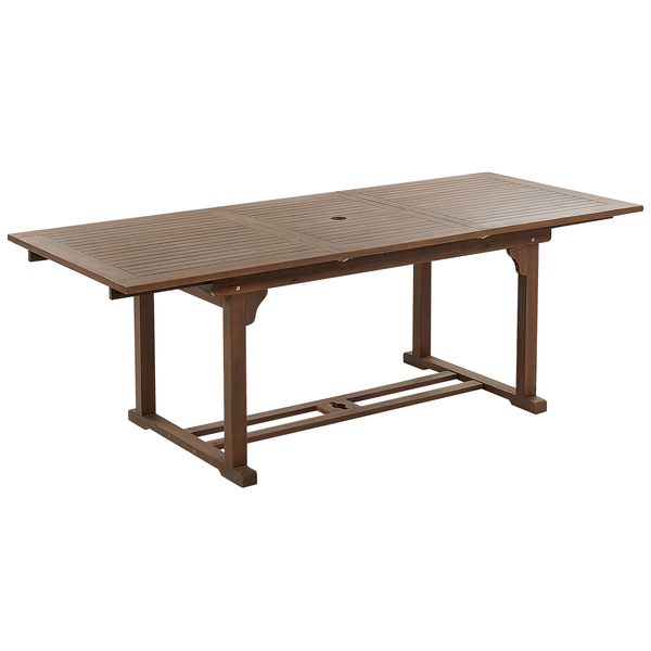 Ausziehbarer Gartentisch aus braunem Holz mit rechteckiger Form und integriertem Schirmloch.