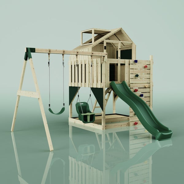 Spielplatz mit Schaukel, Kletterwand und Rutsche aus Holz