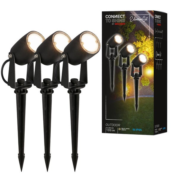Dreiteiliges schwarzes LED-Gartenstrahler-Set mit Erdspießen von Briloner, warmweißes Licht, strahlwassergeschützt, Erweiterungsset inklusive Karton.
