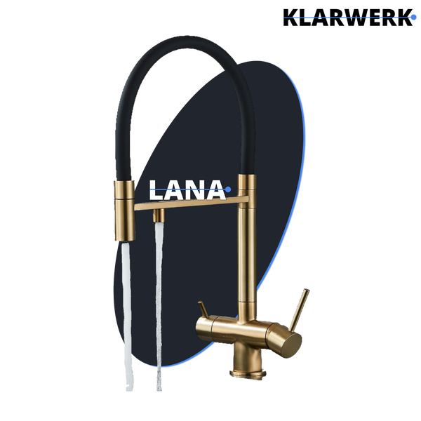 Lana | 3 Wege Gold Schwarz ausziehbare Armatur | Edelstahl Trinkwasser Osmose Wasserhahn Küche |Mischbatterie - 360 Grad drehbar | Filter 3 Anschlüsse