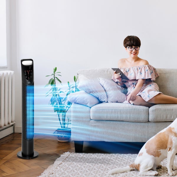HOMCOM Turmventilator leise, Standventilator mit 3 Belüftungsstufen, 7,5H Timer, 40W Ventilator mit Fernbedienung, 70° Oszillation, für Schlafzimmer, Schwarz