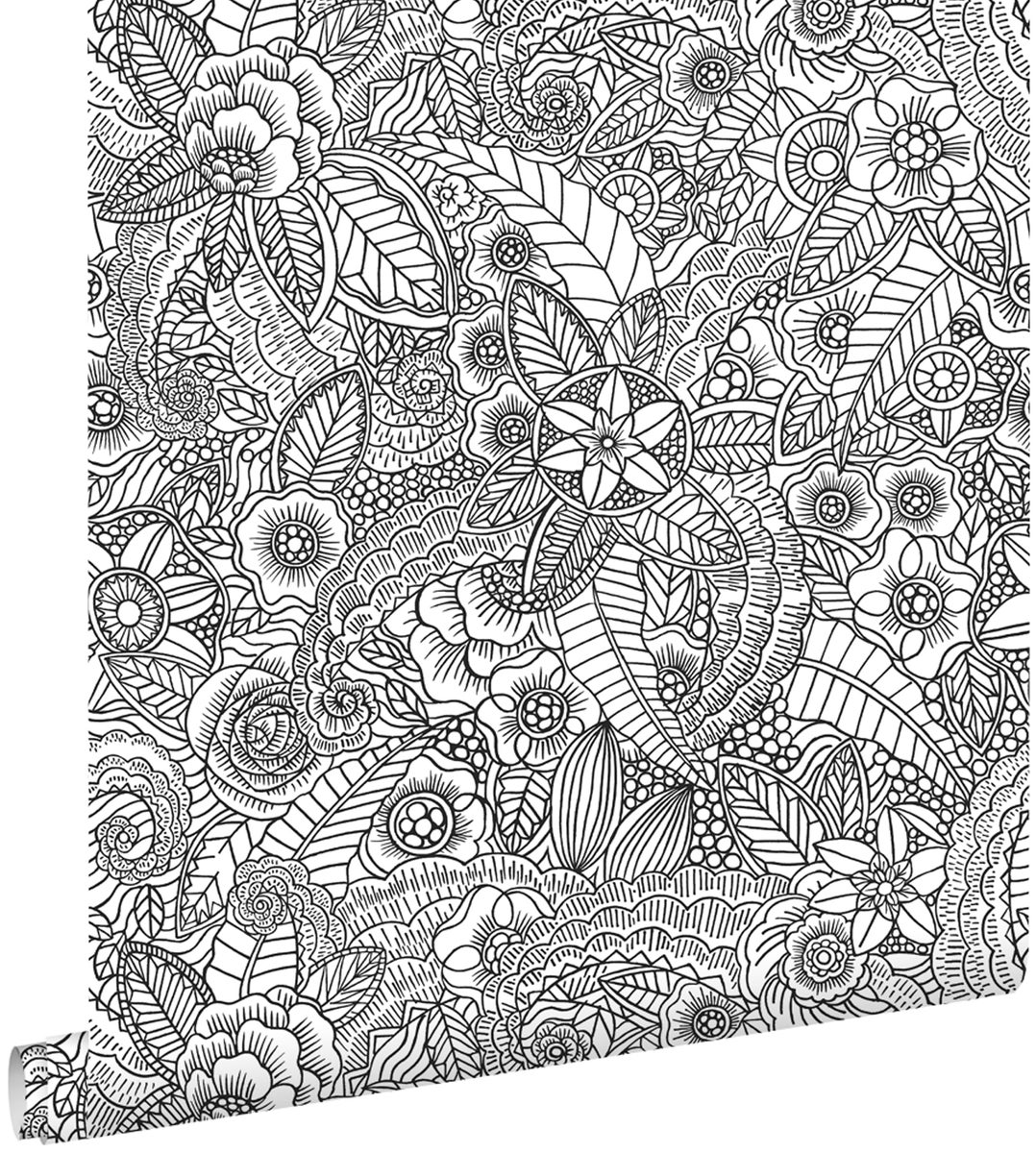 ESTAhome Tapete Blumenzeichnungen Schwarz-Weiß - 0,53 x 10,05 m - 139117