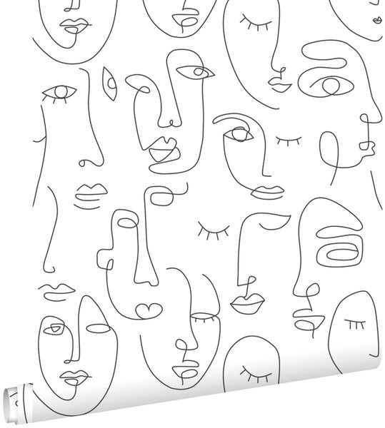 ESTAhome Tapete Line Art Gesichter Schwarz-Weiß - 0,53 x 10,05 m - 139145