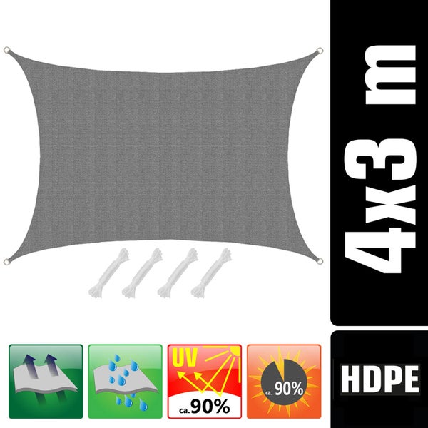 AMANKA UV Sonnensegel - 3x4 m HDPE Rechteckig - Sonnenschutz Plane Überdachung Garten Balkon Grau