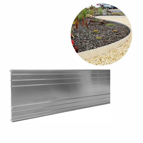 Eine metallene Rasenkantenbegrenzung in gerader Ausführung sowie in einer kreisförmigen Anwendung als Beetumrandung im Garten dargestellt.