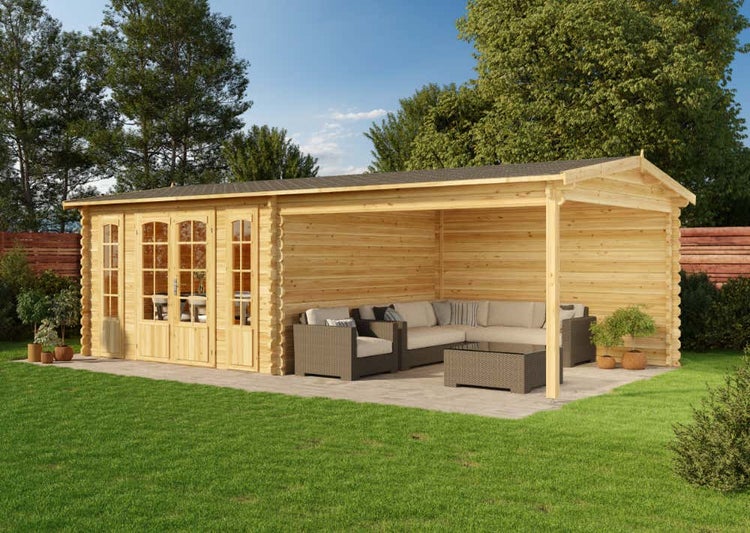 Alpholz Gartenhaus Freiburg-44 ISO Gartenhaus aus Holz in natur, Holzhaus mit 44 mm Wandstärke inklusive Terrasse, Blockbohlenhaus mit Montagematerial imprägniert 7,6x4m