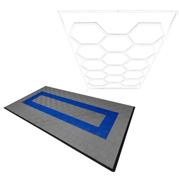 Belüftete Garagenbodenfliesen und sechseckige LED-Leuchten 90 Graue x 30 Blaue - mit Kanten
