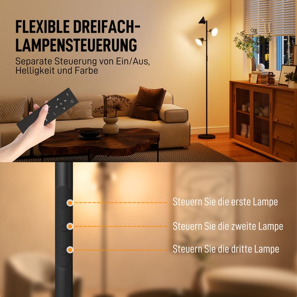 HOMCOM Stehlampe Wohnzimmer Dimmbar mit Leselampe, Stehleuchte RGB Farbwechsel mit Fernbedienung Touch-Steuerung 3 drehbare Köpfe 4150lm 2700K–6000K Standleuchte für Wohnzimmer Schlafzimmer