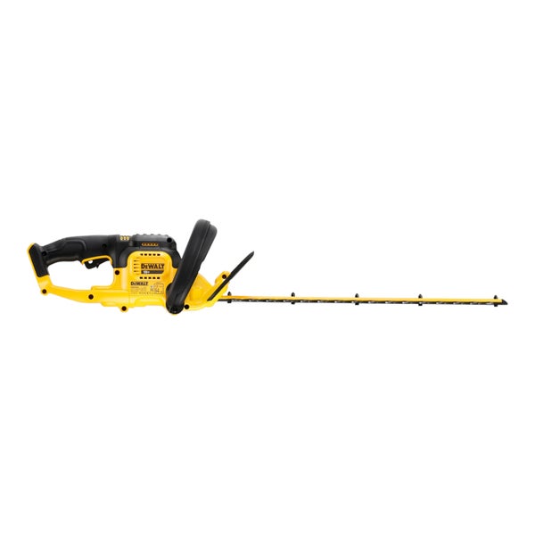 Gelb-schwarze DeWalt Akku-Heckenschere 18 Volt für den Garten, aus Kunststoff und Metall.