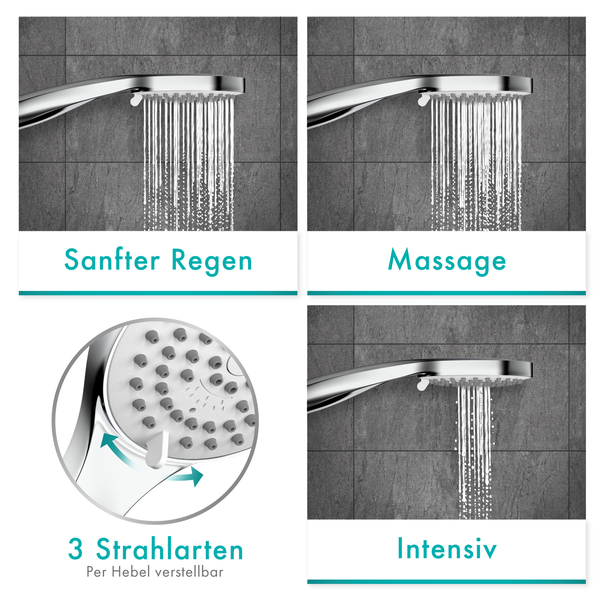 Engelbach® Handbrause 3 Strahlarten, Universal Duschbrause (9L/Min) - Chrom