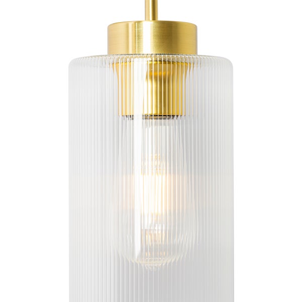 Pendelleuchte mit geriffeltem Glas und goldfarbenen Elementen