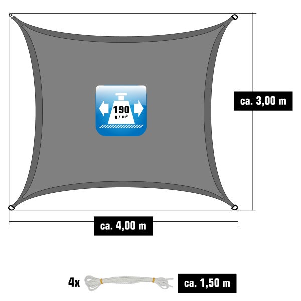 Detailansicht eines Sonnensegels, befestigt an einem Holzpfosten vor blauem Himmel.