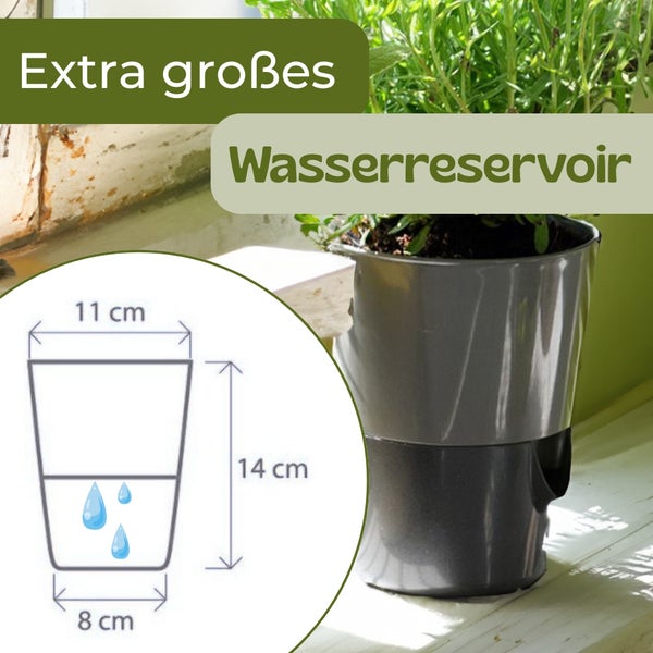 Selbstbewässernder Blumentopf mit extra großem Wasserreservoir, Maße 14 Zentimeter hoch, 11 Zentimeter oben und 8 Zentimeter unten breit.