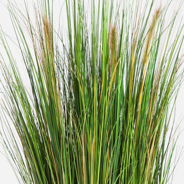 Künstliches Ziergras mit langen grünen Halmen und braunen Blütenähren für die Innendekoration.