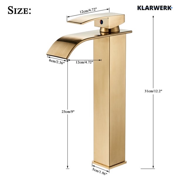Klarwerk Waschtischarmatur mit Wasserfallauslauf und Maßangaben als technische Zeichnung