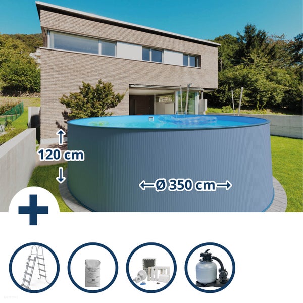 Aufstellpool mit Leiter, Filtersand und Sandfilteranlage, Durchmesser 350 cm, Höhe 120 cm