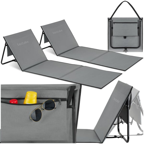 Zwei klappbare Strandliegen von Tectake mit verstellbarer Rückenlehne und integrierter Aufbewahrungstasche für Freizeit und Garten.