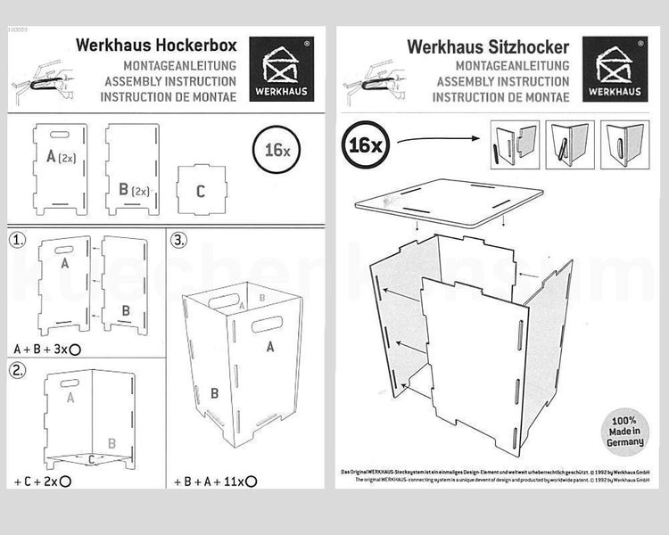 Montageanleitung für Werkhaus Hockerbox und Sitzhocker mit schematischer Darstellung der Einzelteile und Montageschritte.