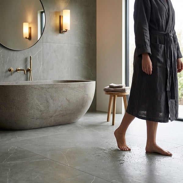Modernes Badezimmer mit freistehender Steinbadewanne, Wandfliesen in Marmoroptik und einer Person im Bademantel.