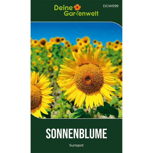 Samenpackung für die Sonnenblume Sunspot von Deine Gartenwelt Logo mit einer Nahaufnahme einer blühenden Sonnenblume auf einem Feld.