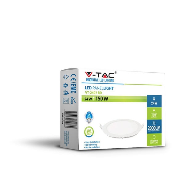 V-TAC Logo LED Paneelleuchte Verpackung mit CE/EMV Zeichen und RoHS Zeichen.