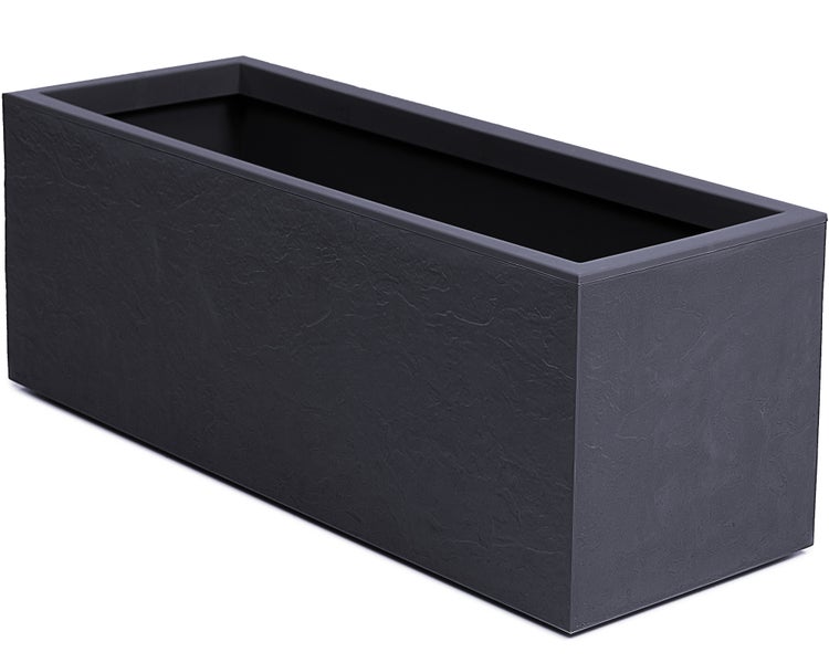 Rechteckiger Pflanzkasten in anthrazitfarbener Schieferoptik aus Kunststoff.