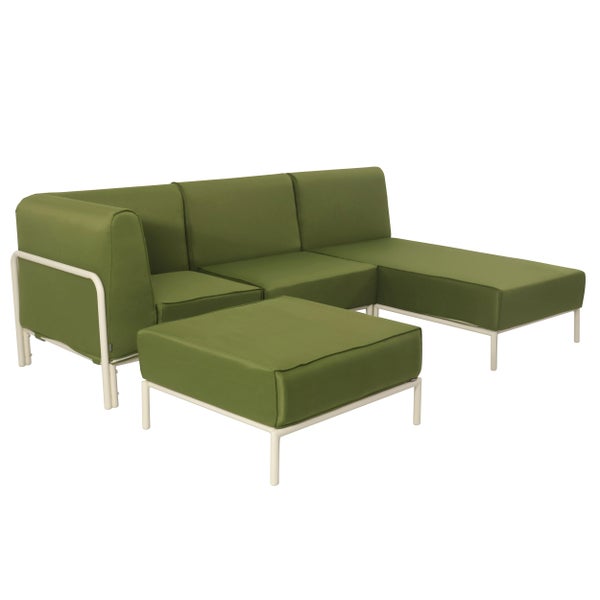Garten Lounge-Set bestehend aus Ecksofa und Hocker mit weißem Metallgestell und grünen Polstern.