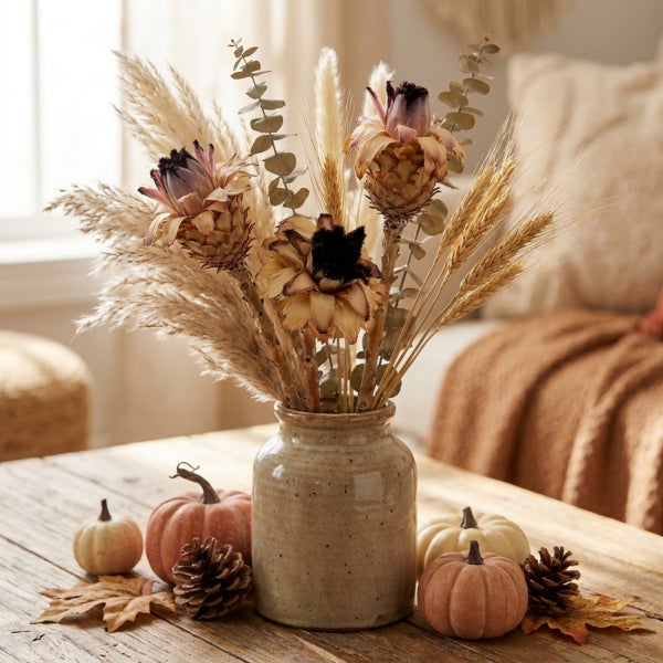 Trockenblumenstrauß in Steingutvase auf Holztisch mit Zierkürbissen und Tannenzapfen als herbstliche Tischdekoration.