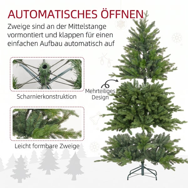 Künstlicher Weihnachtsbaum mit Klappmechanismus, mehrteiligem Aufbau und leicht formbaren Zweigen für einfachen Aufbau.